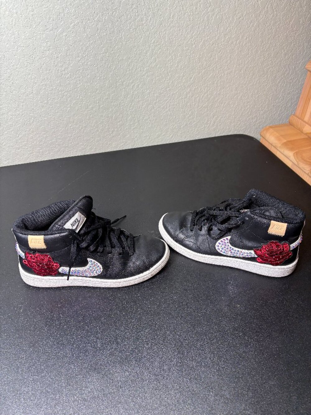 Custom Made Women's Black Nike High Tops w Rhinestone & Roses Accents sz. 7.5